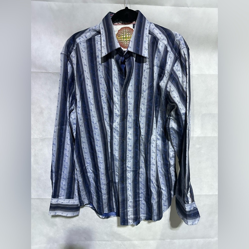 Robert Graham Mens L Colorful Striped Cotton Button Down Dress Shirt Embroidered
